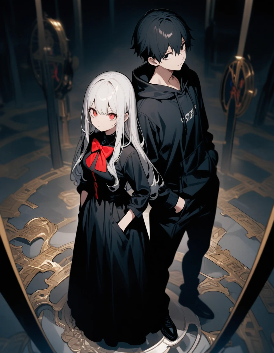 One man and one woman,Standing with back to back,Different postures,Huge golden clock on the floor,The boy is tall,Wear a hoodie, Smile,Black Hair,black eyes,,Bow your head,Hands in pockets,The girl has a girlish figure,White long hair, Red eyes,poker face,Gothic maxi dress,Look up,Cross your hands over your chest。Top view,masterpiece, best quality