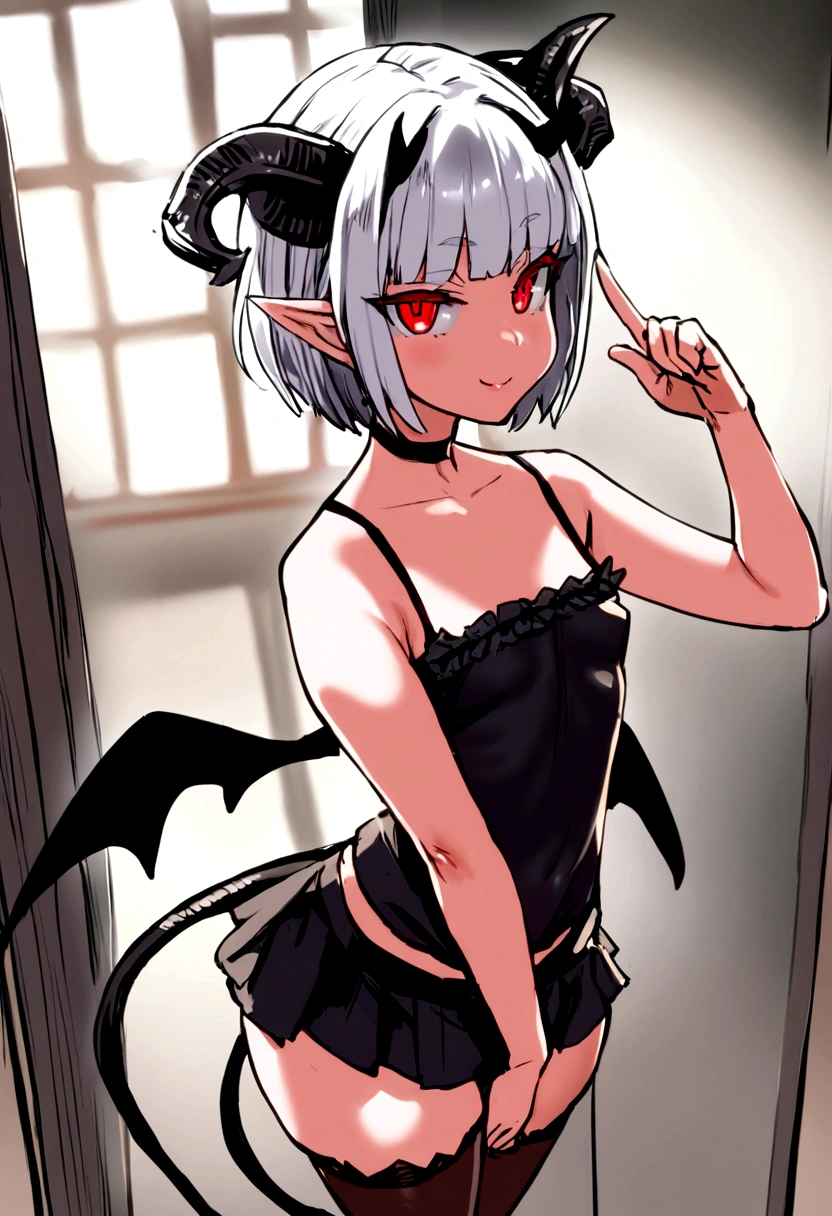 masterpiece, best quality, 1girl, solo, bangs, short hair, white hair, red eyes, smile, pointy ears, horns on the sides of her head, horns pointing up, small wings, black pointy tail, small breasts, black choker, black camisole, short frilly camisole, black skirt, short skirt, sheer thigh highs, black high heels,, , looking at viewer, cowboyshot, bedroom background