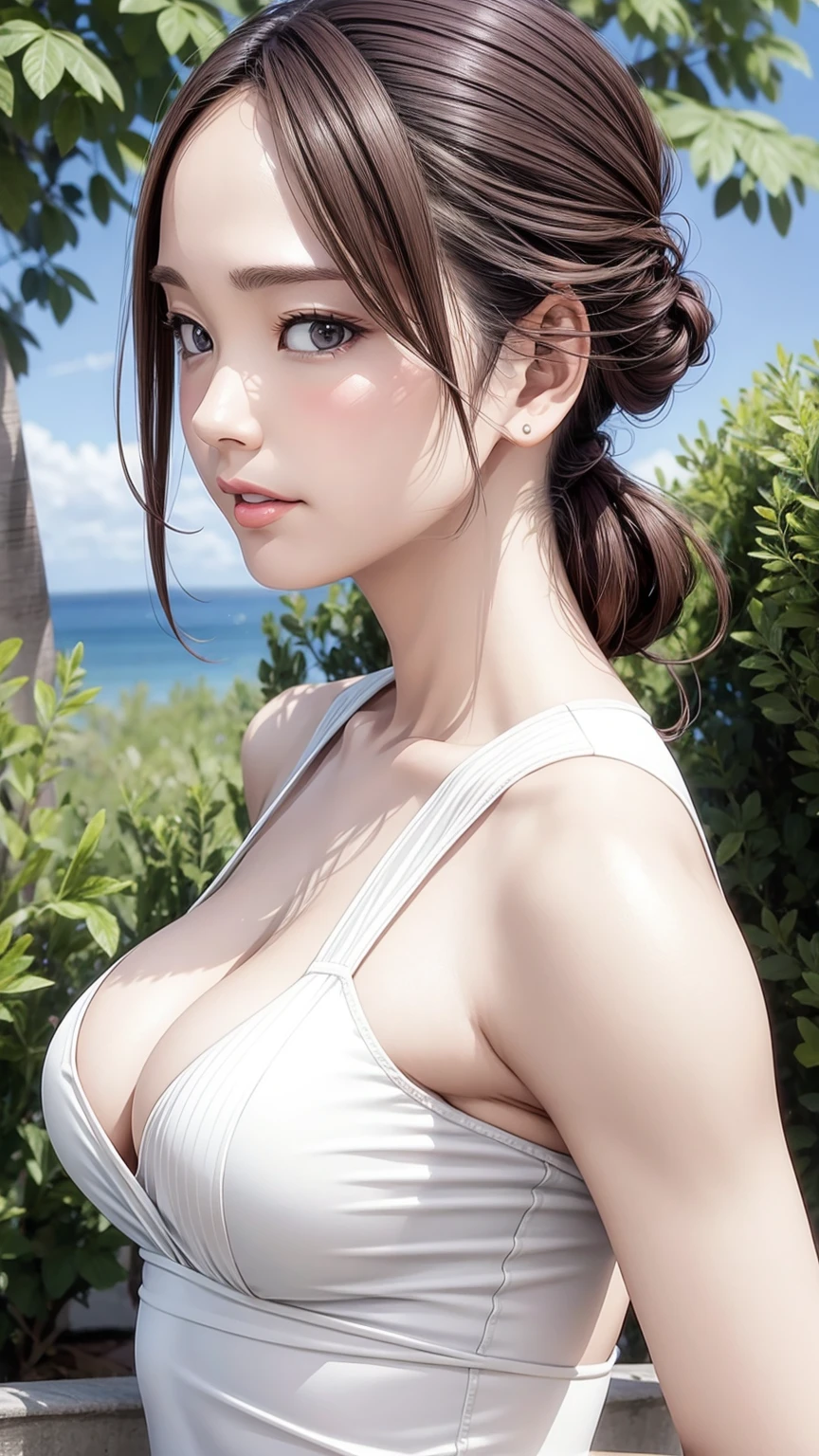 8K quality、High resolution、Realistic skin texture、High resolutionの瞳、A dignified woman、Princess Hair、thin、Small and young breasts、Realistic tongue、Beautiful cleavage、Brown Hair、美しくthin脚、Sweating profusely、Sweat accumulates in the chest、Cafe terrace in the evening、Shooting from the side、wedding guest clothes、