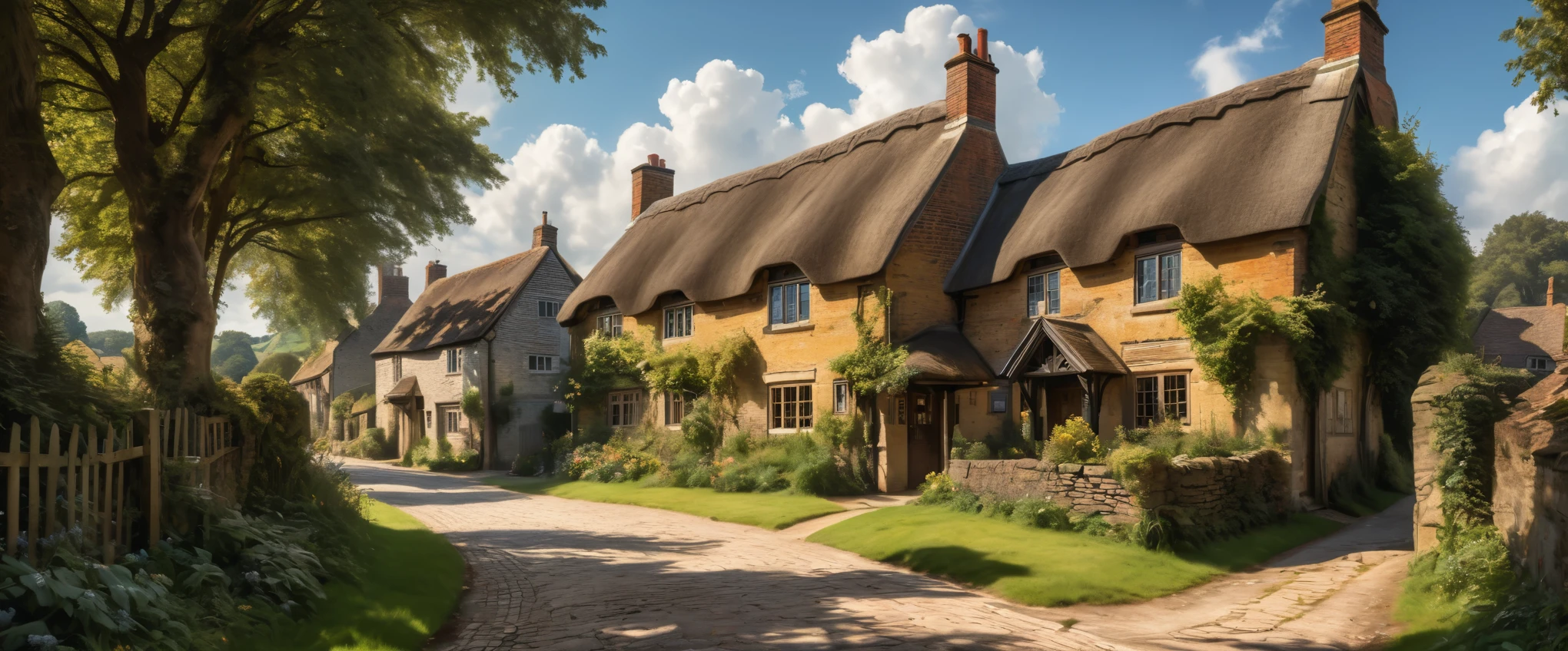 a beautiful detailed countryside landscape, rolling green hills, a quaint old english town, village, thatched roof cottages, cobblestone streets, an old tudor tavern, a majestic Clock tower,fluffy clouds in a blue sky, warm golden sunlight, intricate foliage details, charming rustic atmosphere, a beautiful country church, (best quality,8k,hyperrealistic,masterpiece:1.2),incredibly detailed,ultra-detailed,photorealistic,cinematic lighting,dramatic shadows,vibrant colors,oil painting,by John Constable,extremely aesthetic compositio