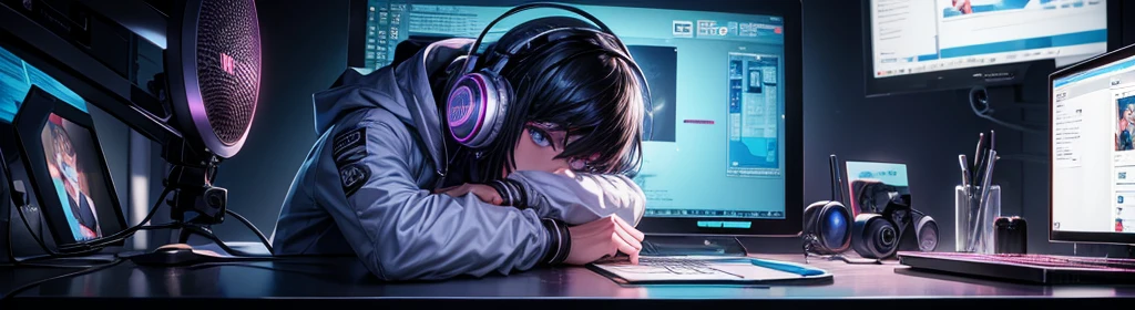 cartoon of a man in a realsitic awesome hoodie sitting at a desk with a microphone on desk, blue yeti microphone, discord profile picture, cyber aesthetic, the encrypted metaverse, art depicting control freak, background artwork, vaporwave cartoon, black hair, talking into microphone, 2d illustration, cyberpunk art, A man with a mask wearing headphones in a home studio, laptop on table, influencer, looking into camera, YouTube studio, background wall with youtube golden play on, best quality, hd, face and body in center facing towards camera