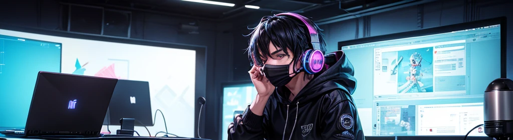 cartoon of a man in a realsitic awesome hoodie sitting at a desk with a microphone on desk, blue yeti microphone, discord profile picture, cyber aesthetic, the encrypted metaverse, art depicting control freak, background artwork, vaporwave cartoon, black hair, talking into microphone, 2d illustration, cyberpunk art, A man with a mask wearing headphones in a home studio, laptop on table, influencer, looking into camera, YouTube studio, background wall with youtube golden play button, best quality, hd, face and body in center facing towards camera