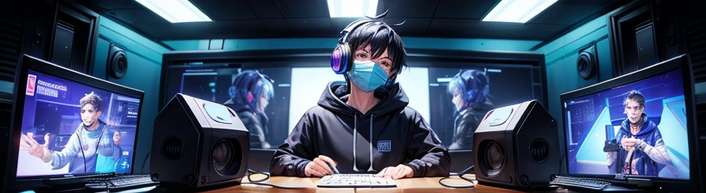 cartoon of a man in a realsitic awesome hoodie sitting at a desk with a microphone on desk, blue yeti microphone, discord profile picture, cyber aesthetic, the encrypted metaverse, art depicting control freak, background artwork, vaporwave cartoon, black hair, talking into microphone, 2d illustration, cyberpunk art, A man with a mask wearing headphones in a home studio, laptop on table, influencer, looking into camera, YouTube studio, background wall with youtube golden play button, best quality, hd, face and body in center facing towards camera