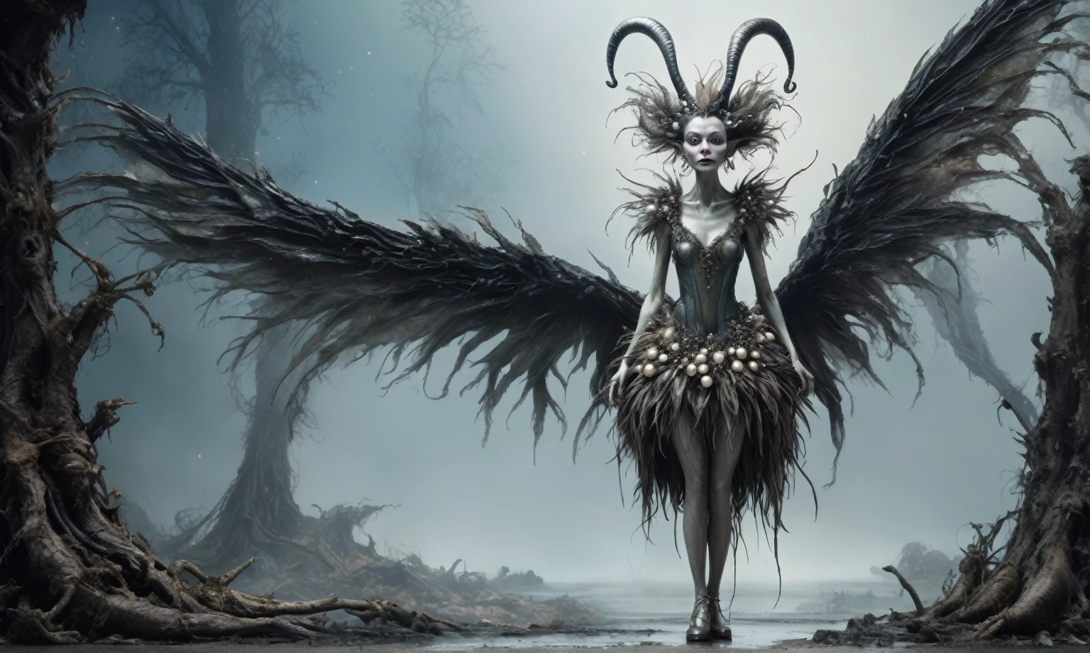 full-body-shot,Very tall pearl fairy, who can't fly,Cinematic,Muted colors, Technicolor,natural skin textures, hyper realisitc, hyper detailed,Extremely detailed,High contrast,Masterpiece,Realistic,Ultra Detailed,mother-of-pearl leather,Quentin Blake Style Photography, wlop,full body length,once pretty,full body,bailong plant Caribbean sparas made of dead charcoal plants,charcoal Alien Krampus,ominous winter landscape, 
intricate details,realistic humid skin,extremly intricate,Epic Realistic, Romantic, cinematic style,irina yermolova,Nicola Samori,Wangechi Quality,orc, messy hair,urban,luminous eyes,extremely detailed,
[night landscape],masterpiece,intricate details,faded,eyes extremely detailed,
high detailed eyes,4k resolution,RAW, Nikon Z9
