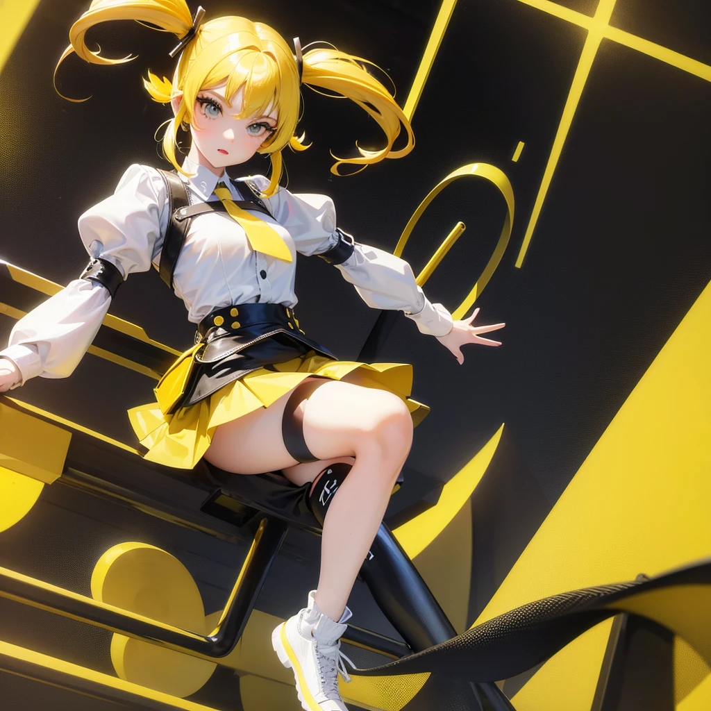 girl in a very short skirt, yellow hair, Twin Tail, full height, 3D wallpaper.