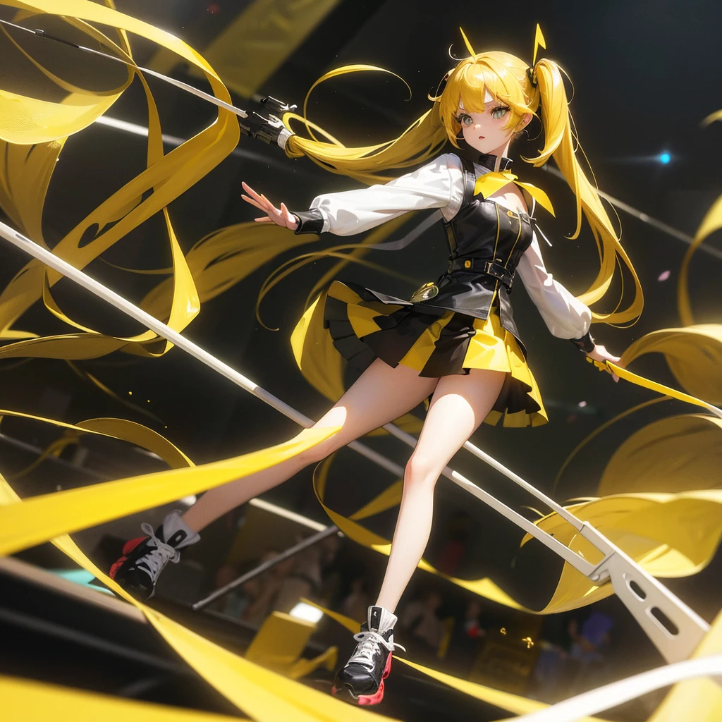 girl in a very short skirt, yellow hair, Twin Tail, full height, 3D wallpaper.