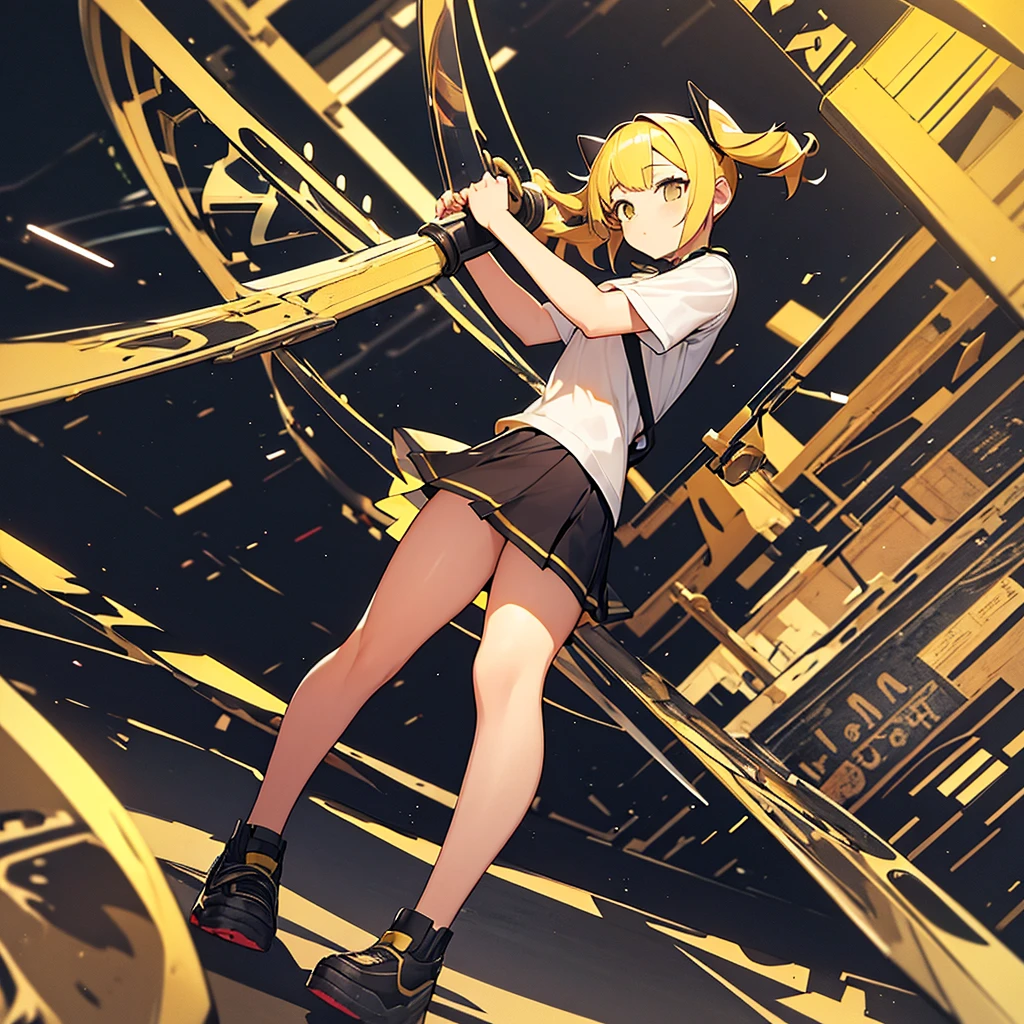 girl in a very short skirt, yellow hair, Twin Tail, full height, 3D wallpaper.