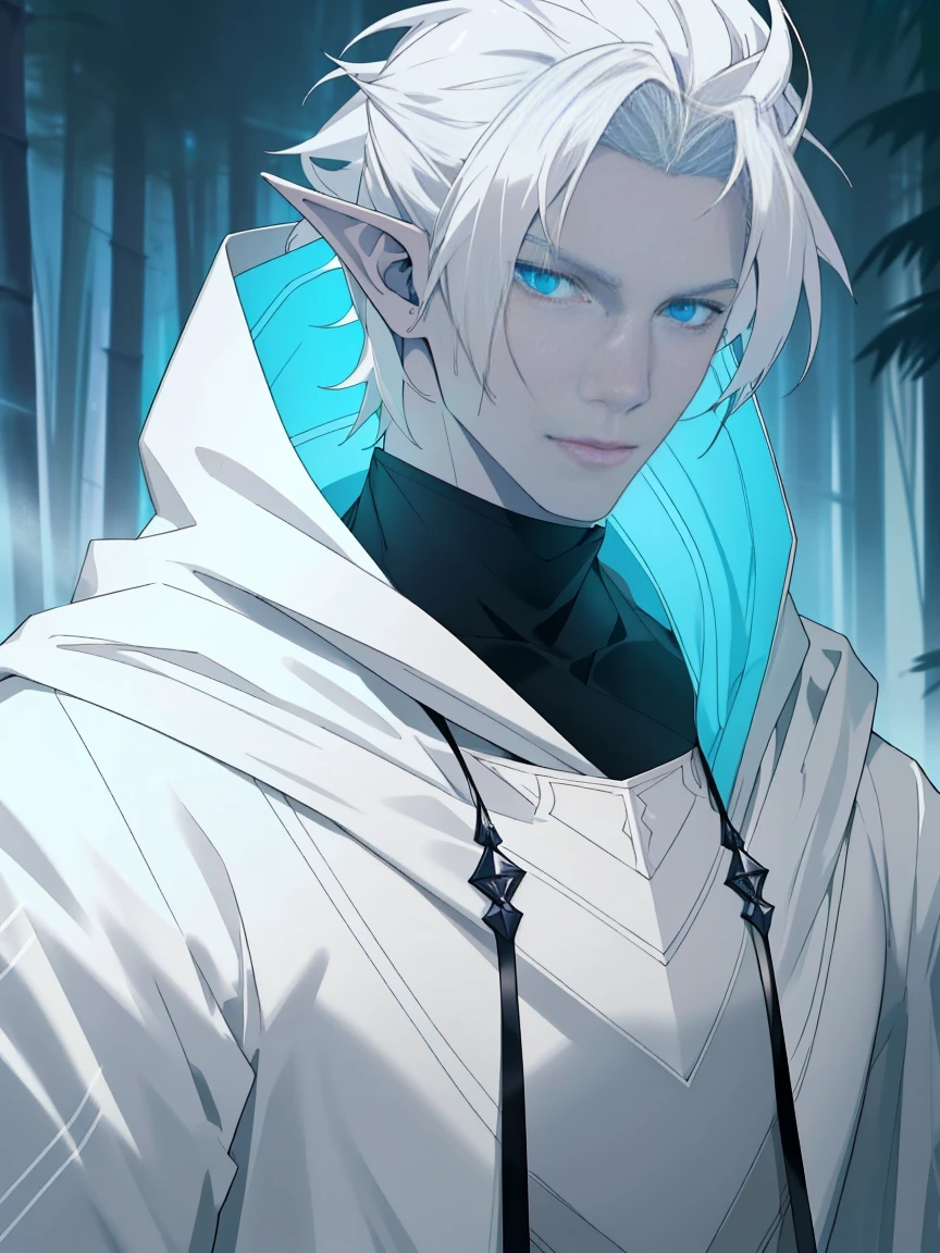 alone, man, (( white skin, smooth skin)) (I am elegant., white hair), abdomen, chest, Glowing light blue eyes, detailed face, detailed clothing, detailed face, Detailed eyes, pointed ears, slim body, Muscle skeleton, wearing a white coat, Decorative cloak, hooded cloak, The hood is down., white tight transparent pants, fantasy shoes, (Fantasy Wasteland), (By location, Masterpiece, High quality, high resolution,8k), stand,Close-up portrait, look at viewer, outdoor, fog, calm expression, cloudy