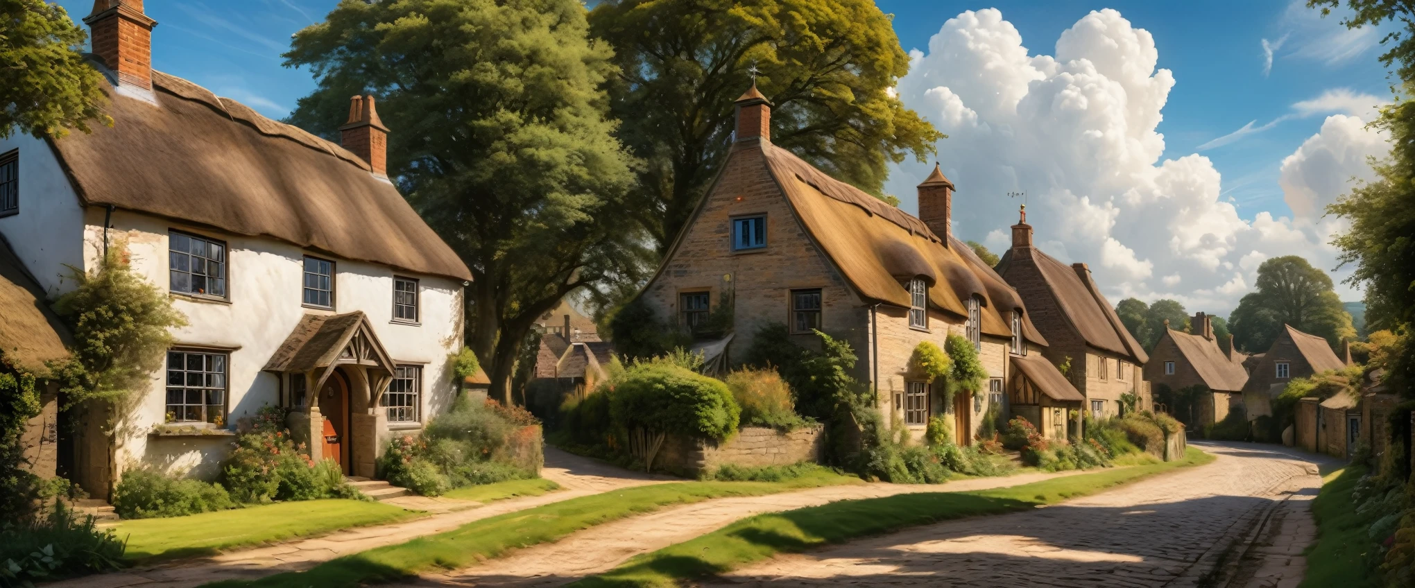 a beautiful detailed countryside landscape, rolling green hills, a quaint old english town, village, thatched roof cottages, cobblestone streets, an old tudor tavern, a majestic Clock tower,fluffy clouds in a blue sky, warm golden sunlight, intricate foliage details, charming rustic atmosphere, a beautiful country church, (best quality,8k,hyperrealistic,masterpiece:1.2),incredibly detailed,ultra-detailed,photorealistic,cinematic lighting,dramatic shadows,vibrant colors,oil painting,by John Constable,extremely aesthetic compositio