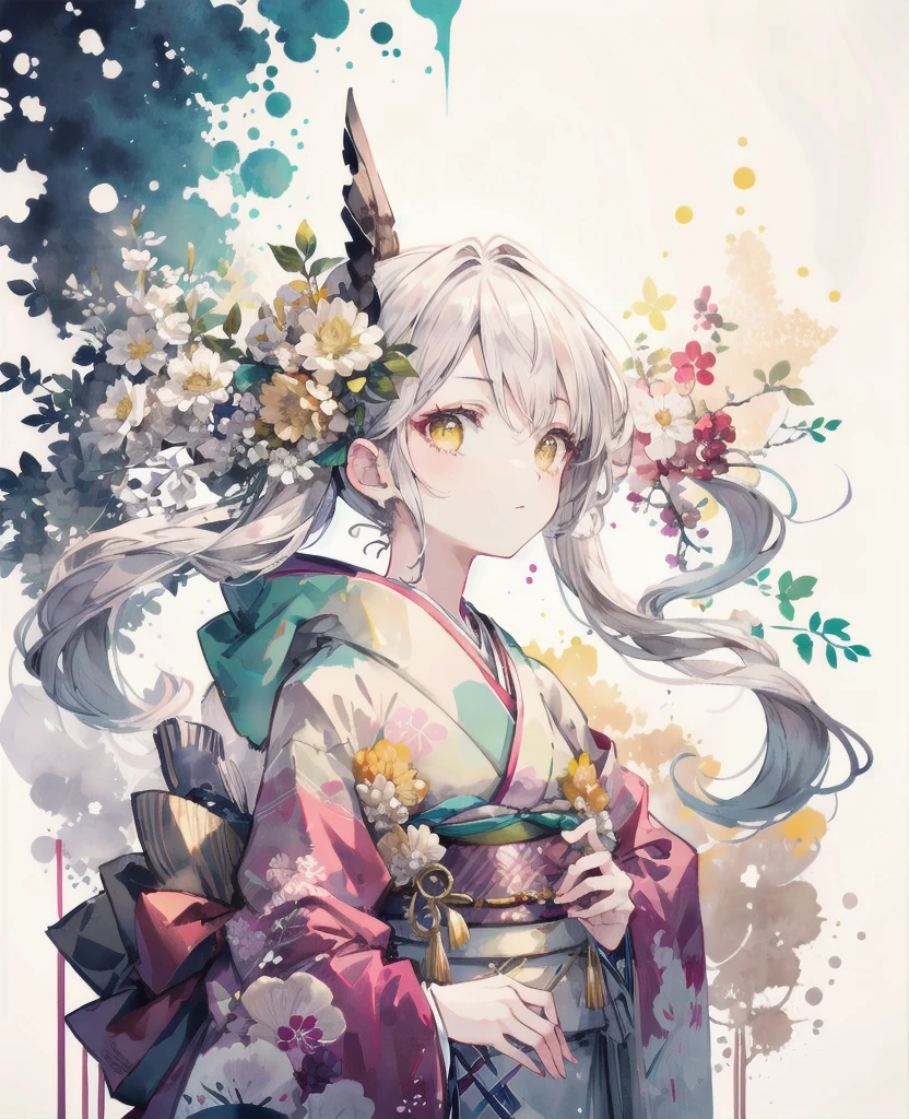 woman, long silver hair, kimono, long sleeves, big ,beatiful face, yellow eyes
