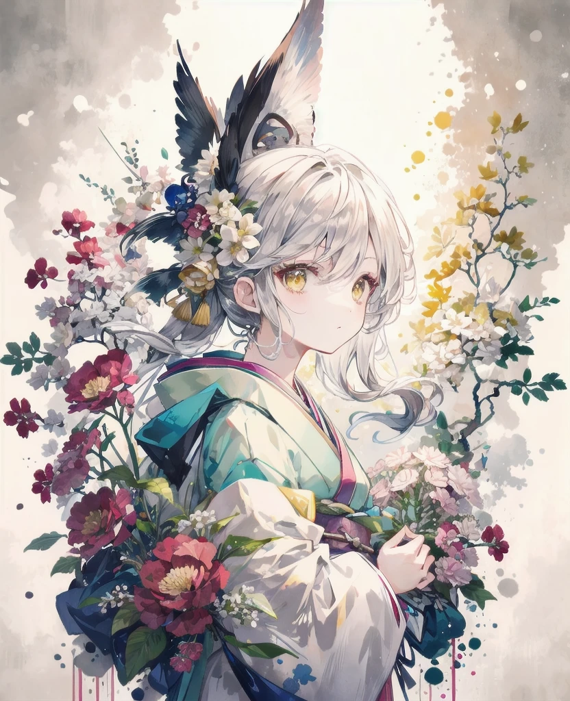 woman, long silver hair, kimono, long sleeves, big ,beatiful face, yellow eyes