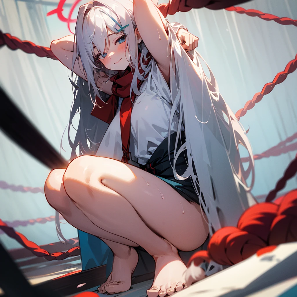 Erotic, legs spread wide, hands behind head, squatting, naked, naked, erotic, white hair, 1 person, red cheeks, smiling slightly, sweat, hands tied with rope