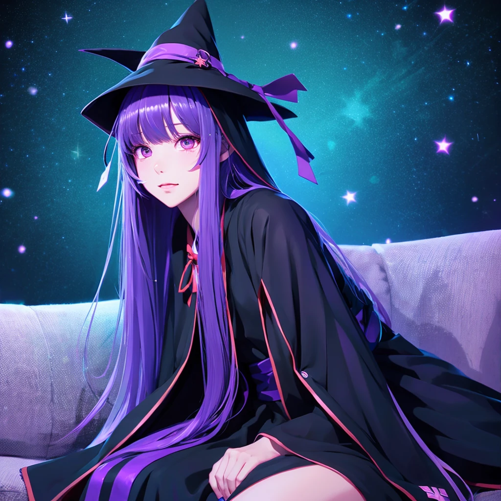 anime girl long purple hair wearing a black Robe. she has pointy ears. Witch Hat. Manga kawaii. iridescent ,An illustration, Sit on the sofa, (no background)