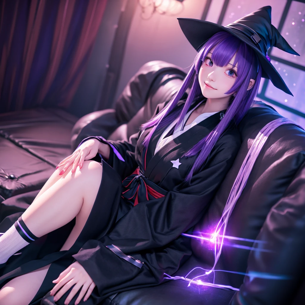 anime girl long purple hair wearing a black Robe. she has pointy ears. Witch Hat. Manga kawaii. iridescent ,An illustration, Sit on the sofa, (no background)