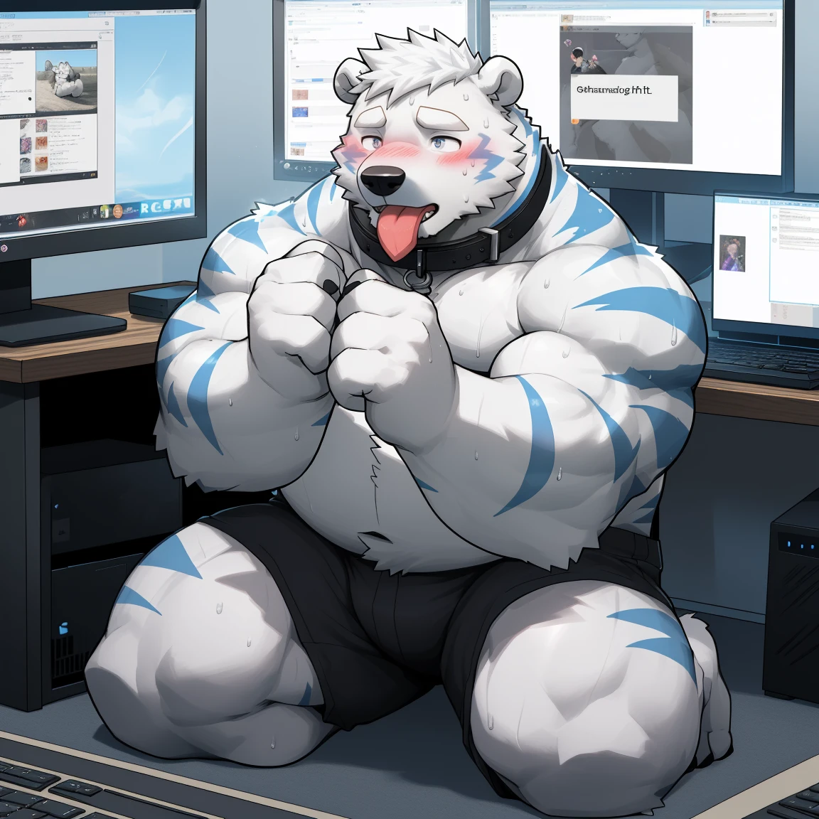 masterpiece, best quality, 8k resolution, Very detailed, hairy，(((polar bear))，(((Mature)))，(((Strong)))，(((White hair all over body)))，portrait，(((White hair)))，(((body blue stripes)))，(((Room)))，For the audience，(((Black gelcoat)))，Highest quality scene，Solitary，solitary，(((whole body)))，(((Sweating)))，(((Kneeling)))，(((in front of computer desk)))，(((Shirtless)))，((Fat-enclosed muscle))，(((Shameful)))，((Blushing))，(((Round face)))，(((alone)))，((collar))，(((Strong body)))，(((Hip bulge))),(((Tongue out)))，(((Computer screen chat box)))
