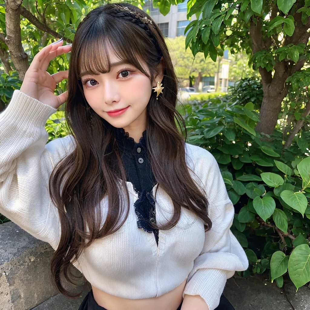 (NSFW),(under the beautiful starry sky)、masterpiece、(Belly-baring fashion、headphone)、(Super big breasts、valley)、(Double eyelids、Tear bags、Long eyelashes、Big, round eyes),bangs、Beautiful 20 year old woman、a japanese beautihul girl、kolian makeup,(black long hair),highest quality, figure, Very detailed,Natural color lip, A shy smile、Correct posture