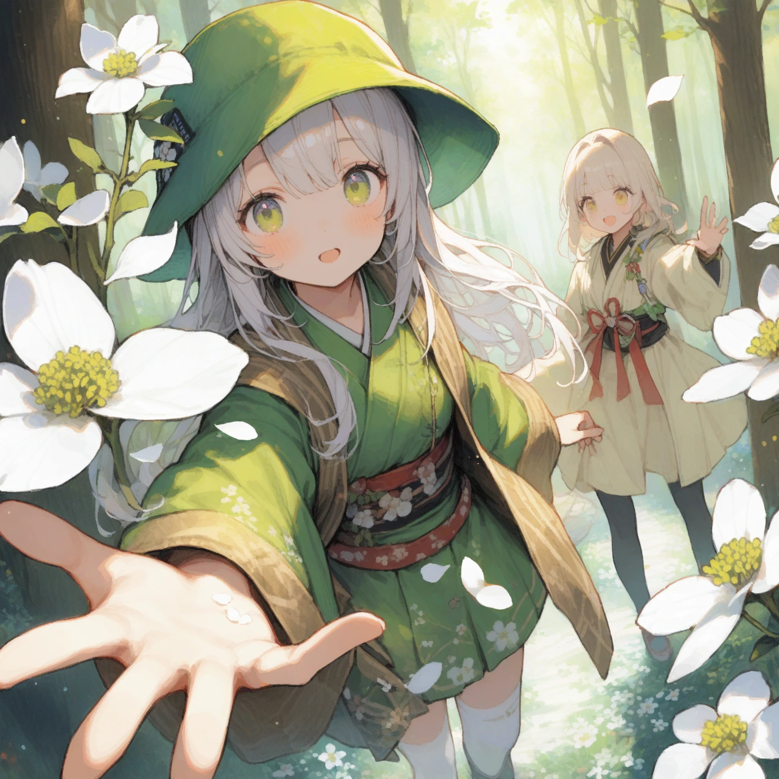 1girl、White Cornus kousa、4 white petals、In the forest of dogwoods、Hold your hand out towards the screen、Green clothes、White Hair、Yellow-green hat、「Friendship」、Japanese dogwood、tegaki