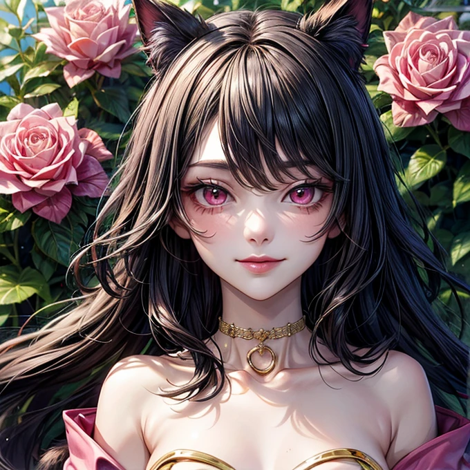 1 hybrid cat woman of 30 years old, {{{very long messy black hair}}}, {{{pink eyes}}}, {{{soft pink dress}}}, pink and gold choker, small smile, in a flower garden, {best quality.}, {highreaasterpiece.}, {{{medium close up.}}}, {facing viewer}