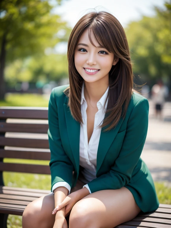 Tabletop, Highest quality, Realistic, Very detailed, finely, High resolution, 8k wallpaper, 1. Beautiful Women,, Light brown messy hair, Wearing a business suit, Short harp focus, Perfect dynamic composition, finelyて美しい目, Thin Hair, Detailed and Realistic skin texture, smile,  Model Body Type、Beautiful legs、Fresh green park bench、smile、