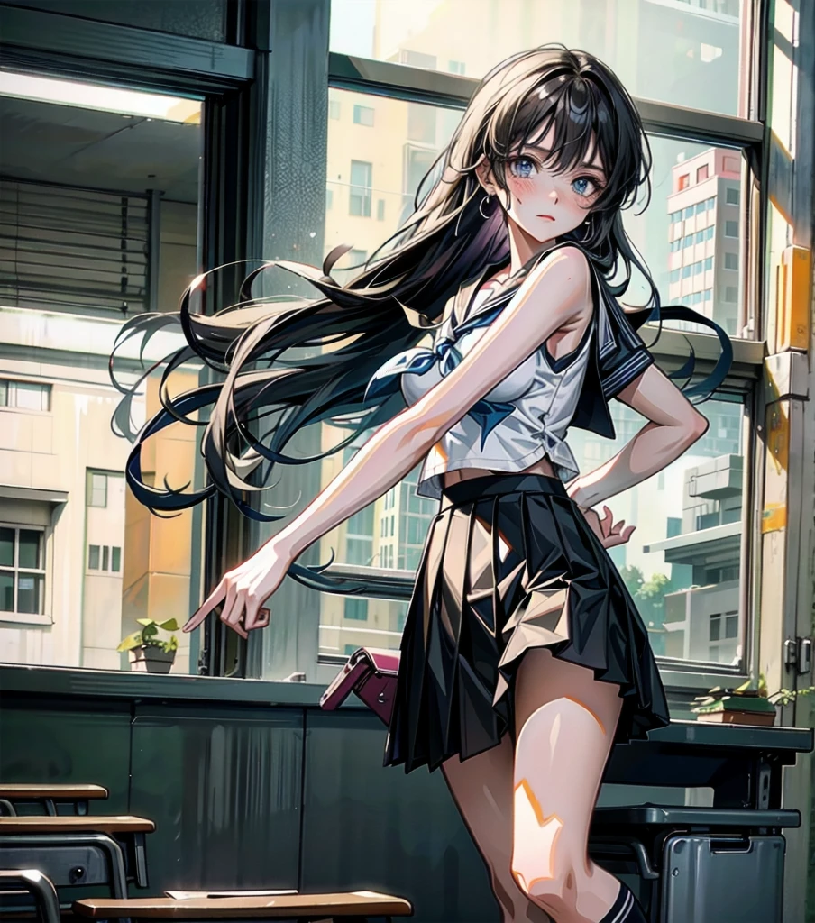 full body, earring, medium hair, medium tits, tearful mole, school_uniform, sailor uniform, sleeveless, school, classroom,