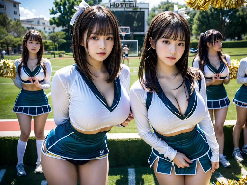 (RAW photo, 4k, masterpiece, high resolution, extremely complex) (realistic: 1.4), cinematic lighting
 ((2 girls, 2 schoolgirls)),blushing,((innocent)),bright eyes,round eyes,blunt bangs,(short bob hair:1.3),black hair,large breasts,wide hips,Summer Noon, ,Hot, (Best Quality), (Highres), (an Extremely Delicate and Beautiful),(Beautiful 8k face),(Brown eyes),( spectators),(gigantic breasts),(Play with each other,Touching each other's bodies,Touching the body),(cheer girl:1.5),(a miniskirt),(reality),bright lighting,(The background is a luxury hotel room)