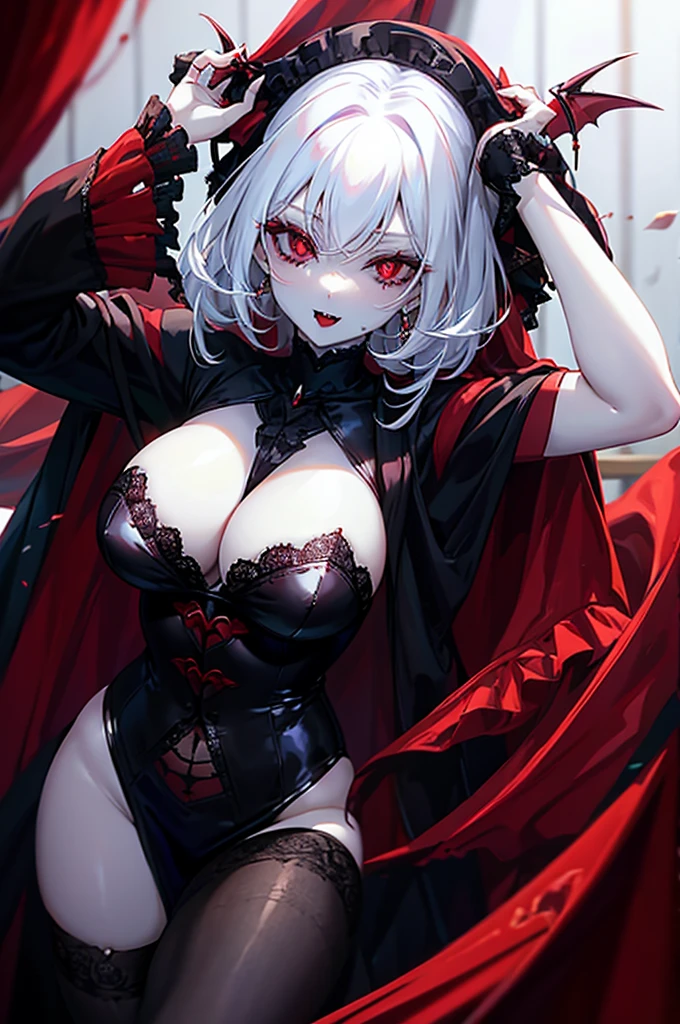 Vampire, pale skin, red eyes, fangs, voluptuous, milf