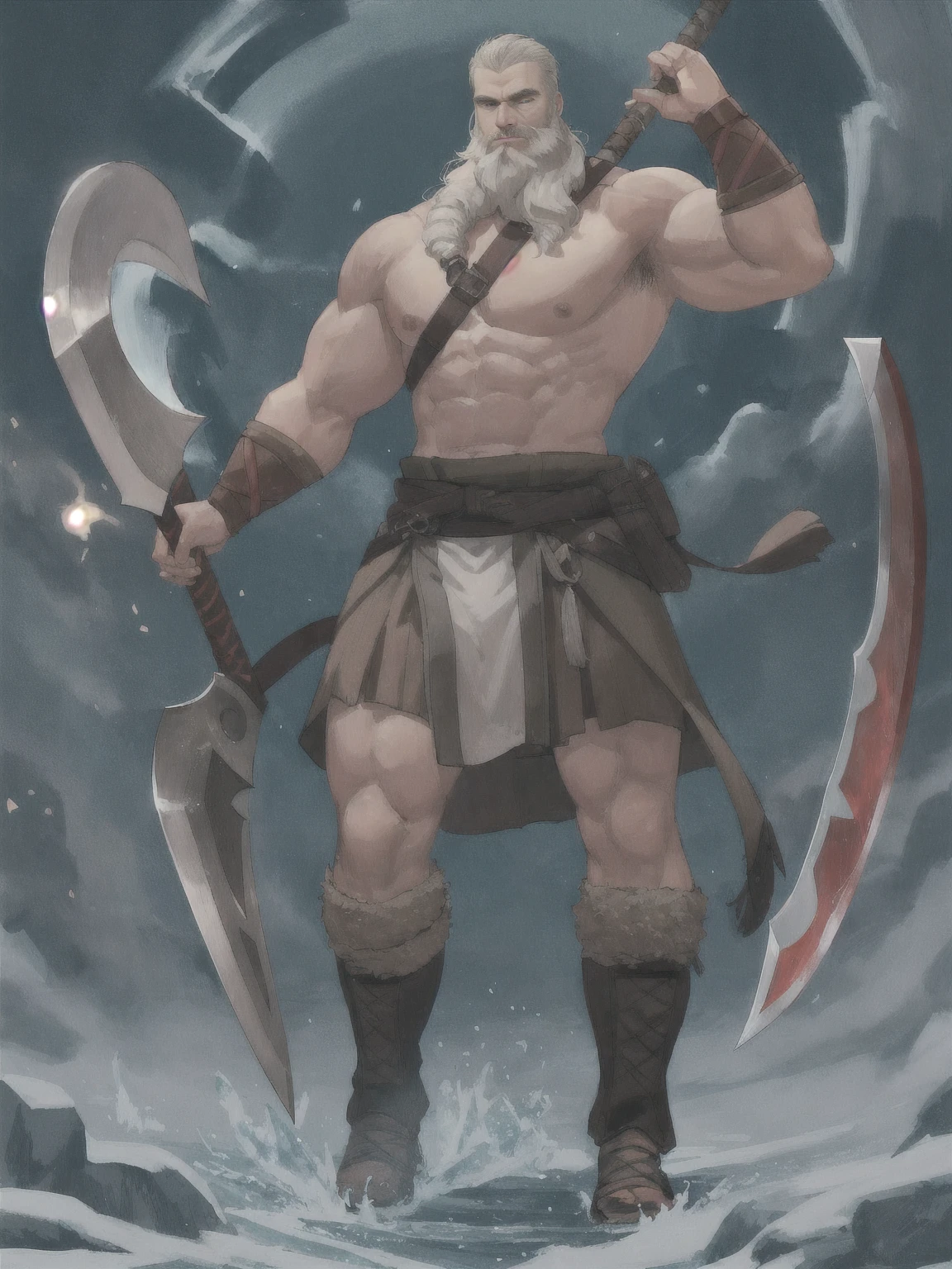 a beard man, male warrior, with an axe, beefcake pose, gigachad muscular, full body portrait, male art, technoviking male with no shirt, loincloth, with a two handed axe, muscular male hero