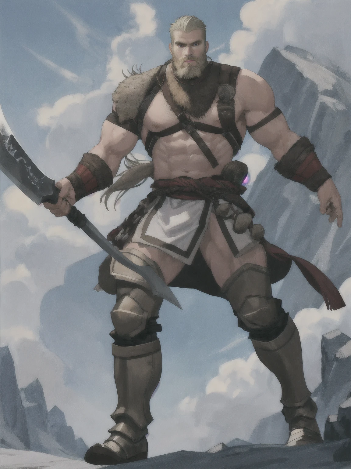 a beard man, male warrior, with an axe, beefcake pose, gigachad muscular, full body portrait, male art, technoviking male with no shirt, loincloth, with a two handed axe, muscular male hero