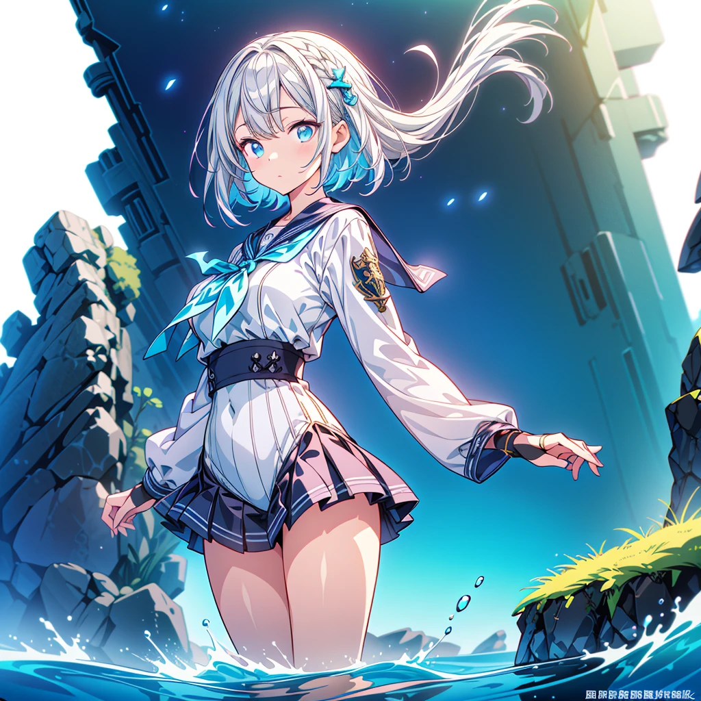 1girl、The best dynamic composition、hbyxcj, scenery、(((最high quality、最高masterpiece、Super detailed、Official Art、The best dynamic composition)))、Anime Style、Dynamic pose、Dynamic composition、whole body,masterpiece, 最high quality, high quality, Very detailed CG uniform 8k wallpaper, arm written depth, High resolution, bloom, chromatic aberration, realism, Very detailed, Art Station Complex, High detail, dramatic、Huge⚓、anchor、In a white sailor suit、Light blue line、Sailor、Gray hair and light blue gradient hair color、Sparkling、The glow of the sea is reflected、Disorganized、Fantasy、Fantasy、 long sleeves, fingerless gloves, (White background)、