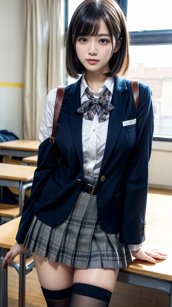 masterpiece, best quality, illustration, Super detailed, fine details, High resolution, 8K,wall paper, perfect dynamic composition,(Details High quality, realistic depiction of eyes:1.3), from side, High School Classroom、High school girl uniform、blazer 、Super Short Check Uniform Skirt、Navy blue high socks、garterbelts、Colossal tits、Disturbed uniform, short bob hair, black hair color, huge breasts, Big Natural Color Lip, bold sexy pose, (perfect body shape), crying a little、Harajuku style、20 year old girl、 beautiful legs, hposing Gravure Idol, Voluptuous thighs