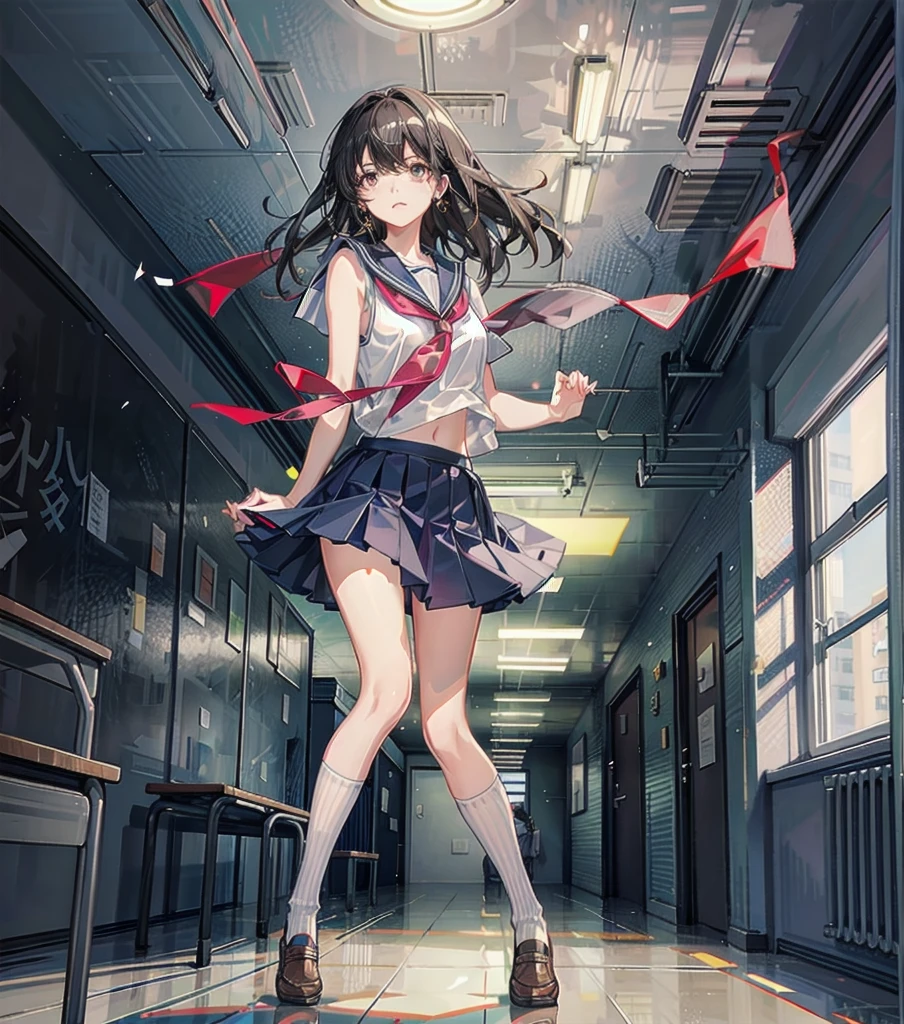 full body, earring, medium hair, medium tits, tearful mole, school_uniform, sailor uniform, sleeveless, school, classroom,
