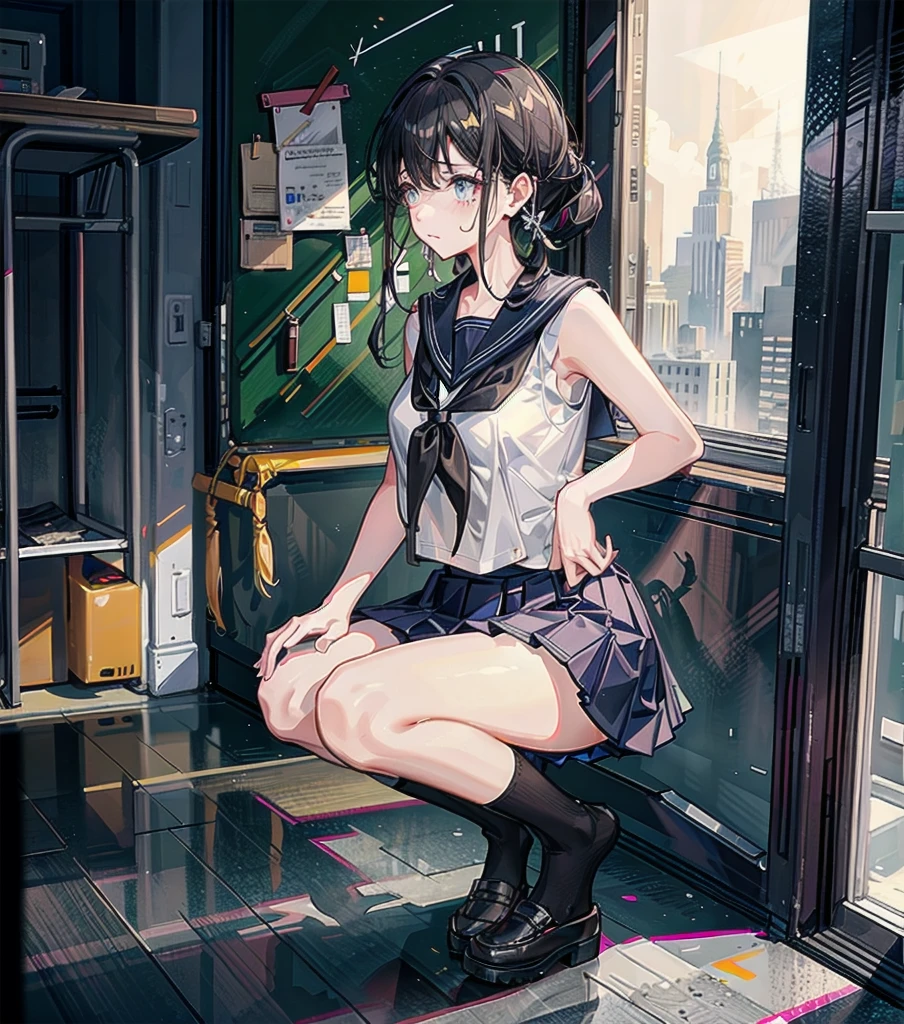 full body, earring, medium hair, medium tits, tearful mole, school_uniform, sailor uniform, sleeveless, school, classroom,