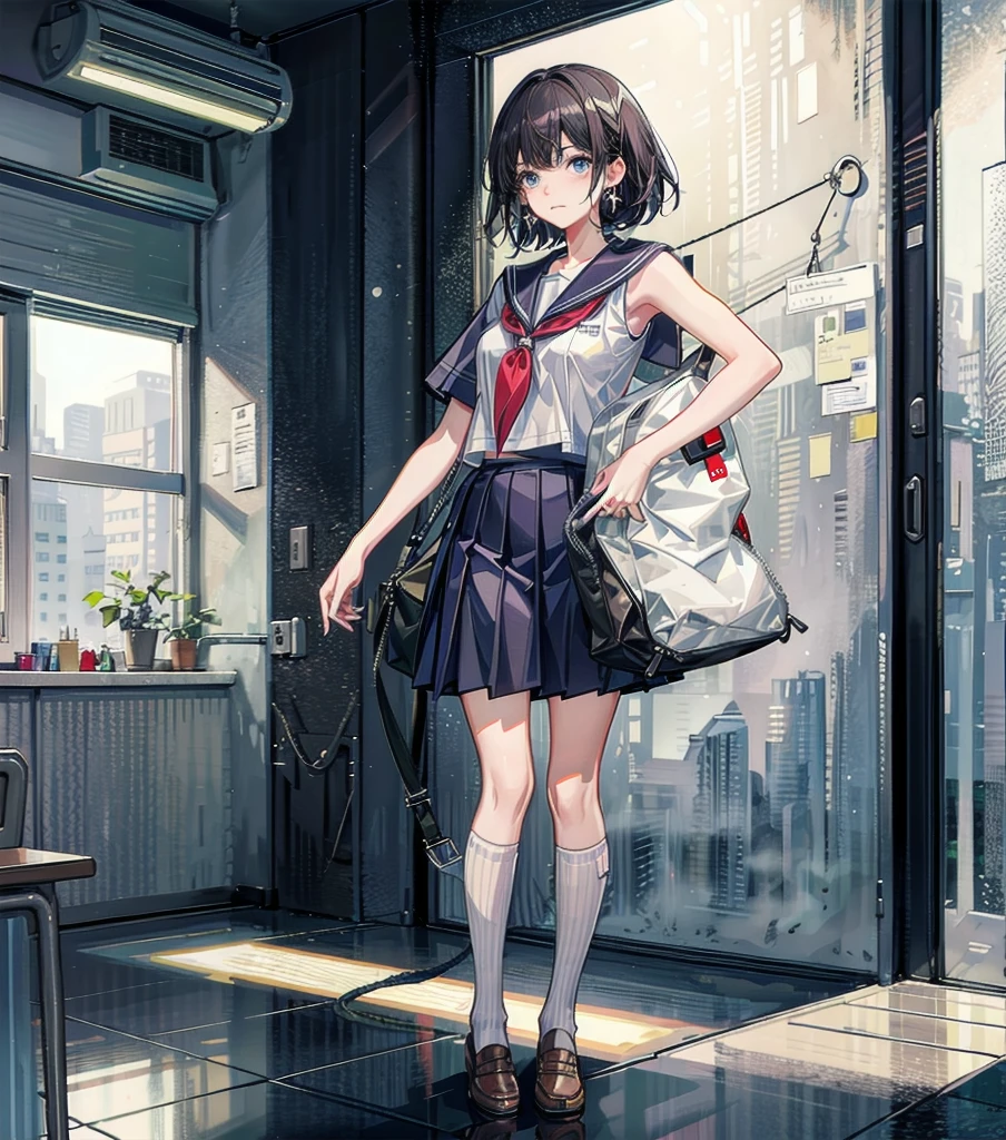 full body, earring, medium hair, medium tits, tearful mole, school_uniform, sailor uniform, sleeveless, school, classroom,