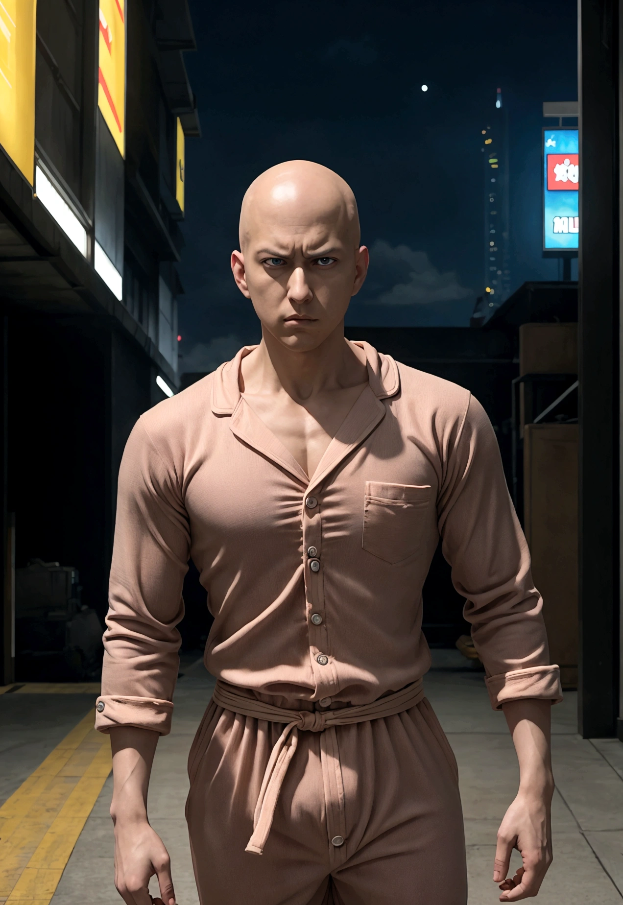 One punch man, Saitama in his pajama outfit looking clueless, movie poster, Action and adventure written in the background