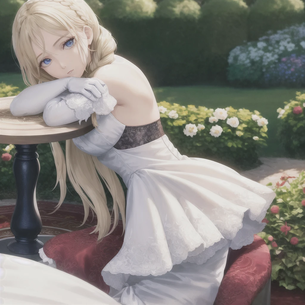 1 woman, garden, seat, round table, tilted head, looking at viewer, Head in Hands, expressionless, Escort, elbow rest, white dress, lace trim, upper body, Just focus, depth of field, White elbow gloves, blonde hair, blue eyes, Blonde eyelashes, colored eyelashes, side braids, beautiful detailed eyes