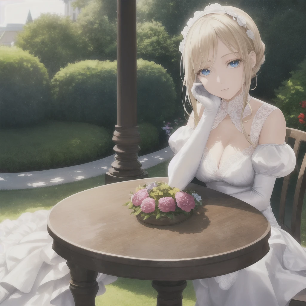 1 woman, garden, seat, round table, tilted head, looking at viewer, Head in Hands, expressionless, Escort, elbow rest, white dress, lace trim, upper body, Just focus, depth of field, White elbow gloves, blonde hair, blue eyes, Blonde eyelashes, colored eyelashes, side braids, beautiful detailed eyes