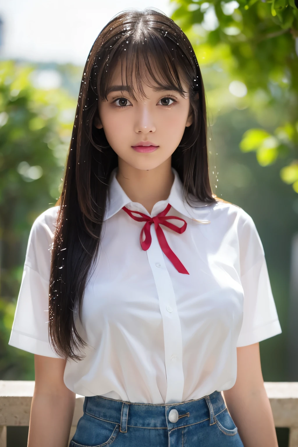 ((highest quality, 8K, masterpiece :1.3)), 16 year old Japanese beautiful girl、Student uniform、White collared blouse、Larger breasts、Painful expression、Tears