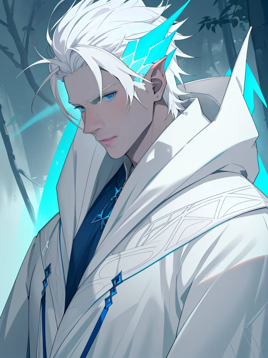 alone, man, (( white skin, smooth skin)) (I am elegant., white hair), abdomen, chest, Glowing light blue eyes, detailed face, detailed clothing, detailed face, Detailed eyes, pointed ears, slim body, Muscle skeleton, wearing a white coat, Decorative cloak, hooded cloak, The hood is down., white tight transparent pants, fantasy shoes, (Fantasy Wasteland), (By location, Masterpiece, High quality, high resolution,8k), stand,Close-up portrait, look at viewer, outdoor, fog, calm expression, cloudy