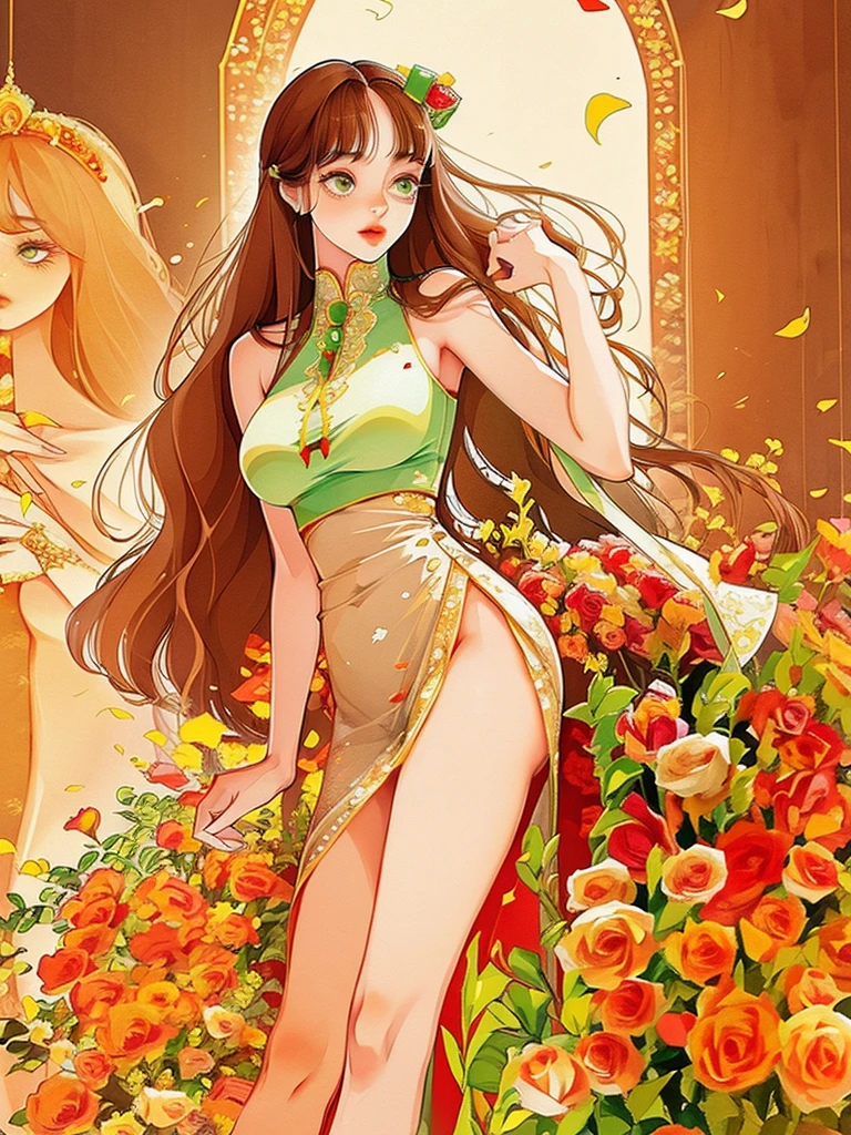 (half body), 1 woman, beautiful girl, Slender legs, big breasts, round hips, pure and innocent, long hair, Bangs, light brown hair, green eyes, palace scene, rose petals,