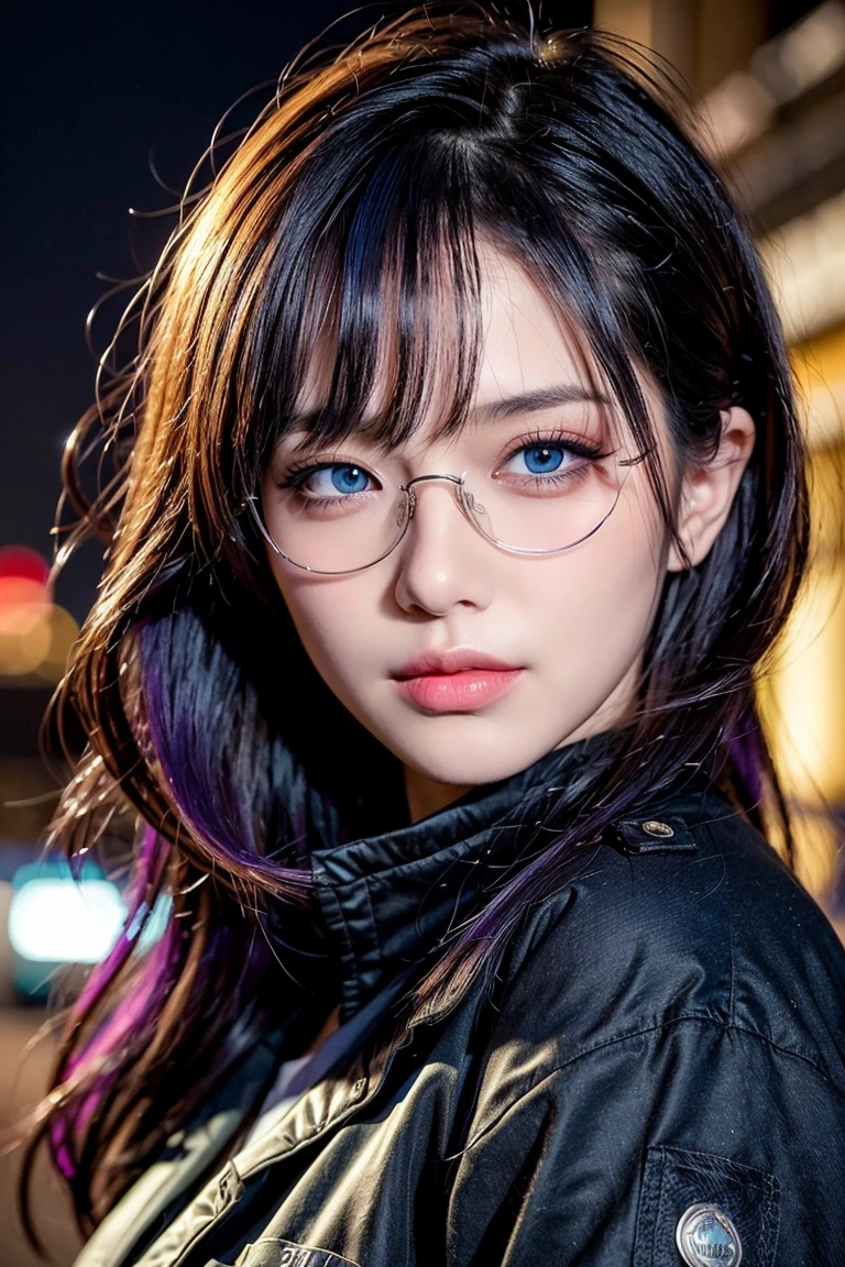 ((best quality)), ((masterpiece)), (detailed), perfect face, 1 girl, purple hair, blue beautiful eyes, tactical gear, military, city. Night, winter, glasses, (real、photorealistic、photorealistic: 1.37)