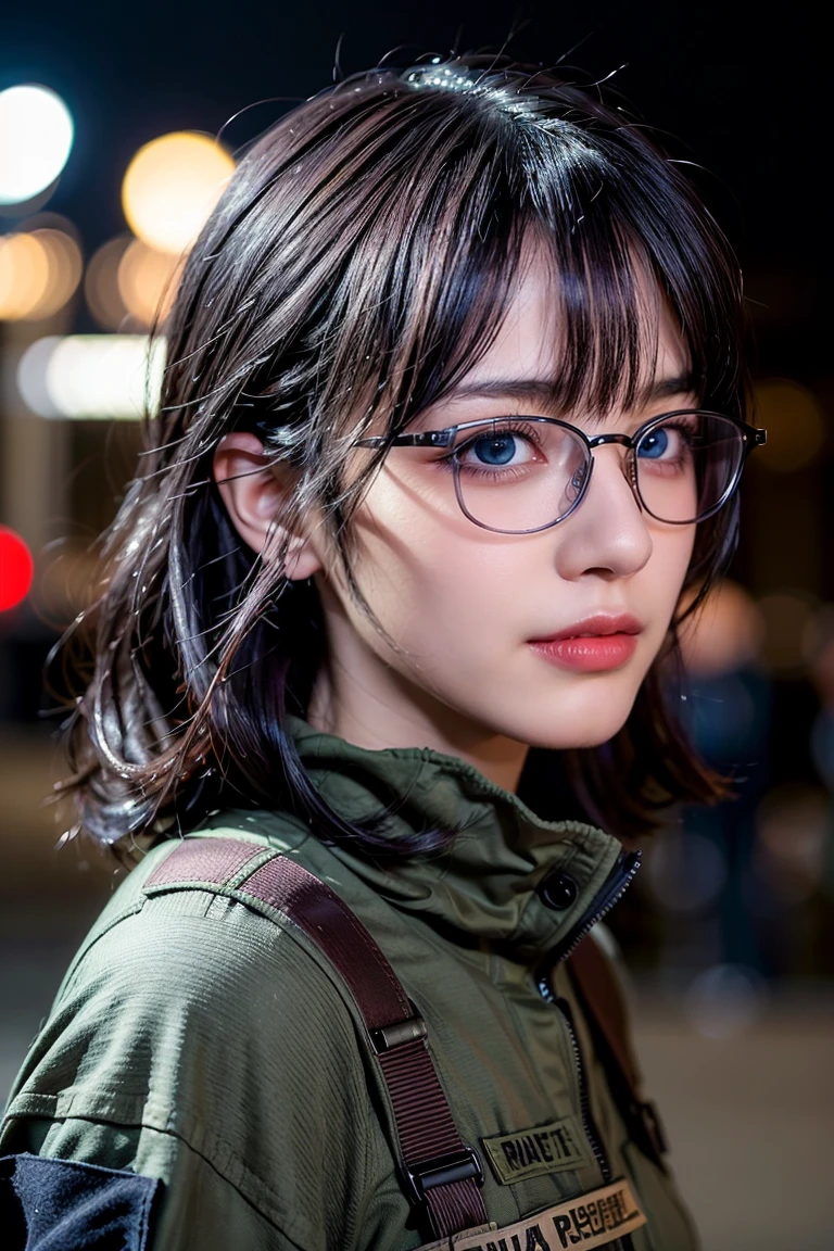 ((best quality)), ((masterpiece)), (detailed), perfect face, 1 girl, purple hair, blue beautiful eyes, tactical gear, military, city. Night, winter, glasses, (real、photorealistic、photorealistic: 1.37)