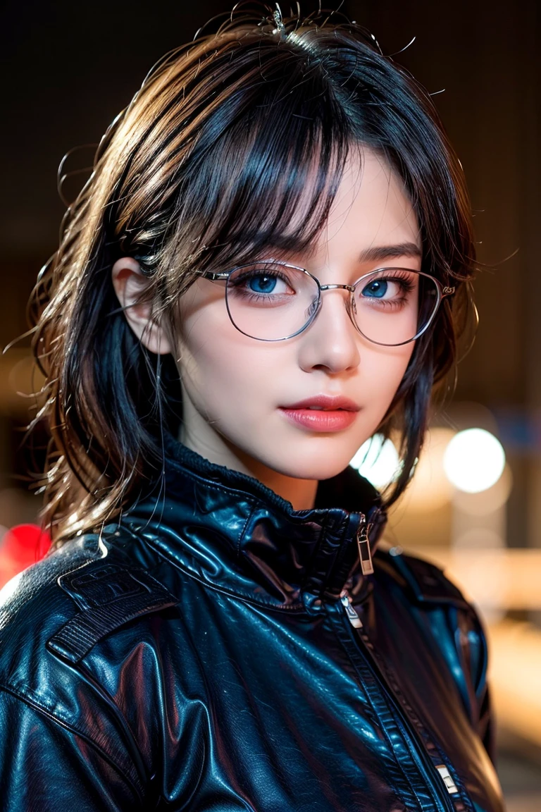 ((best quality)), ((masterpiece)), (detailed), perfect face, 1 girl, purple hair, blue beautiful eyes, tactical gear, military, city. Night, winter, glasses, (real、photorealistic、photorealistic: 1.37)