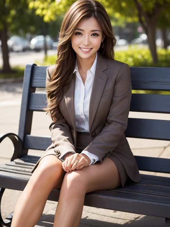 Tabletop, Highest quality, Realistic, Very detailed, finely, High resolution, 8k wallpaper, 1. Beautiful woman,, Light brown messy hair, Wearing a business suit, Short harp focus, Perfect dynamic composition, finelyて美しい目, Thin Hair, Detailed and Realistic skin texture, smile,  Model Body Type、Beautiful feet、Park bench、smile、