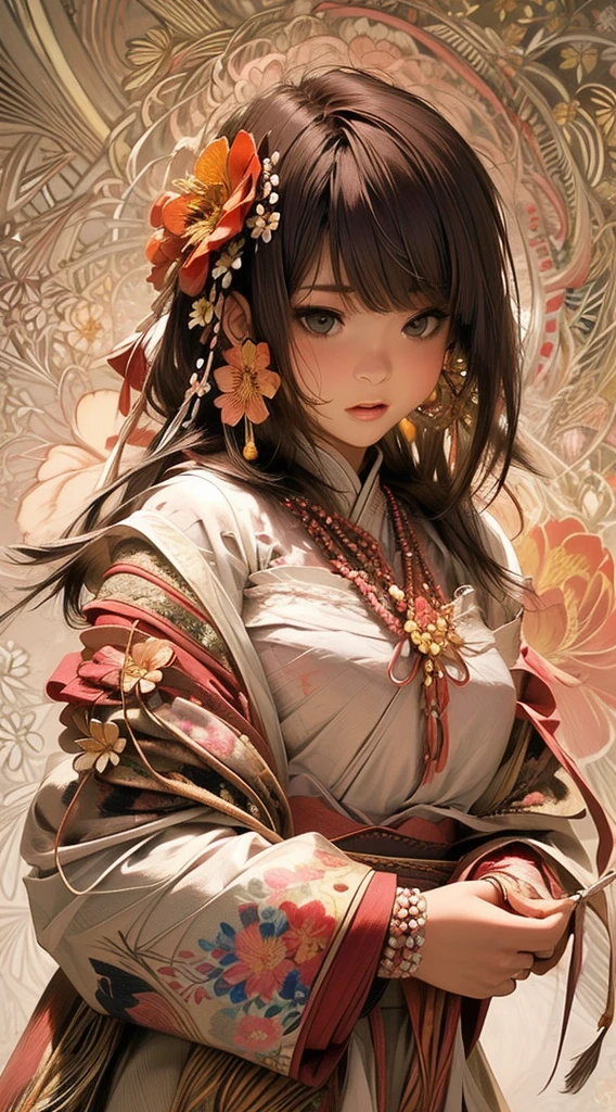 cute、Perfect Anatomy、Picturesque、sketch、texture、solo、Very detailed、(Fractal Art:1.1)、(Gentle colors:1.1)、(Floral:1.6)、Most detailed、(Zentangle:1.2)、(Dynamic pose)、(Abstract background:1.3)、(Glowing Skin)、(Many colors:0.8)、、(Earrings:1.4)、(feather:0.9)、Taisho romance,(masterpiece、Highest quality、Highest quality、Official Art、Beautiful and aesthetic:1.2)、