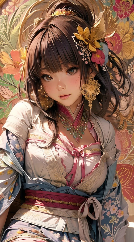cute、Perfect Anatomy、Picturesque、sketch、texture、solo、Very detailed、(Fractal Art:1.1)、(Gentle colors:1.1)、(Floral:1.6)、Most detailed、(Zentangle:1.2)、(Dynamic pose)、(Abstract background:1.3)、(Glowing Skin)、(Many colors:0.8)、、(Earrings:1.4)、(feather:0.9)、Taisho romance,(masterpiece、Highest quality、Highest quality、Official Art、Beautiful and aesthetic:1.2)、