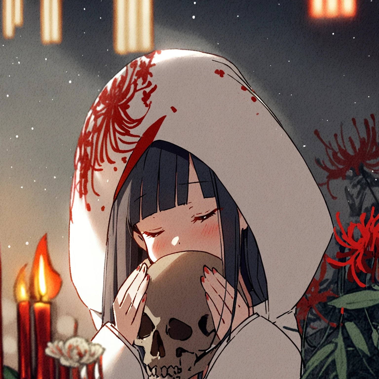1girl、Black hair, long hair、straight hair、
white kimono,wedding,wataboushi,uchikake,standing,white hood,、shiromuku、 skull, cheeks to skull, red candle、red spider Lily、flower garden、evening,faint light、deep shadows