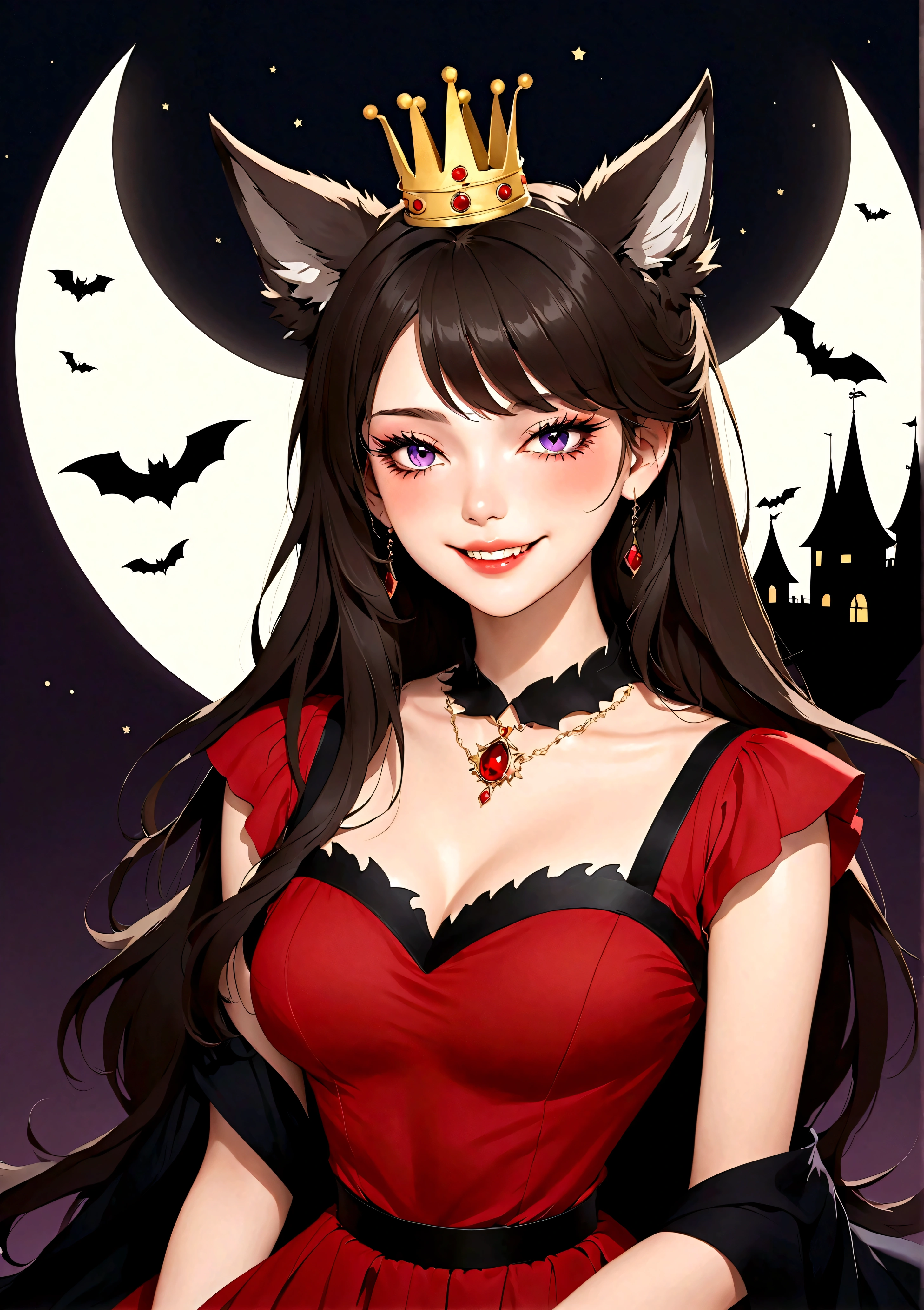 Vector,flat,Simple and smooth lines,A beautiful illustration:Big Bad Wolf:1.37.frying pan:1.37 Beautiful girl sitting elegantly,(((She has a beauty spot:1.37))),Purple Eyes,Delicate lashes,Smile,Smooth skin,Long black hair,Wolf ears, Small Crown,Gorgeous red dress,温顺的Big Bad Wolf。Correct human anatomy,moonlight,bat