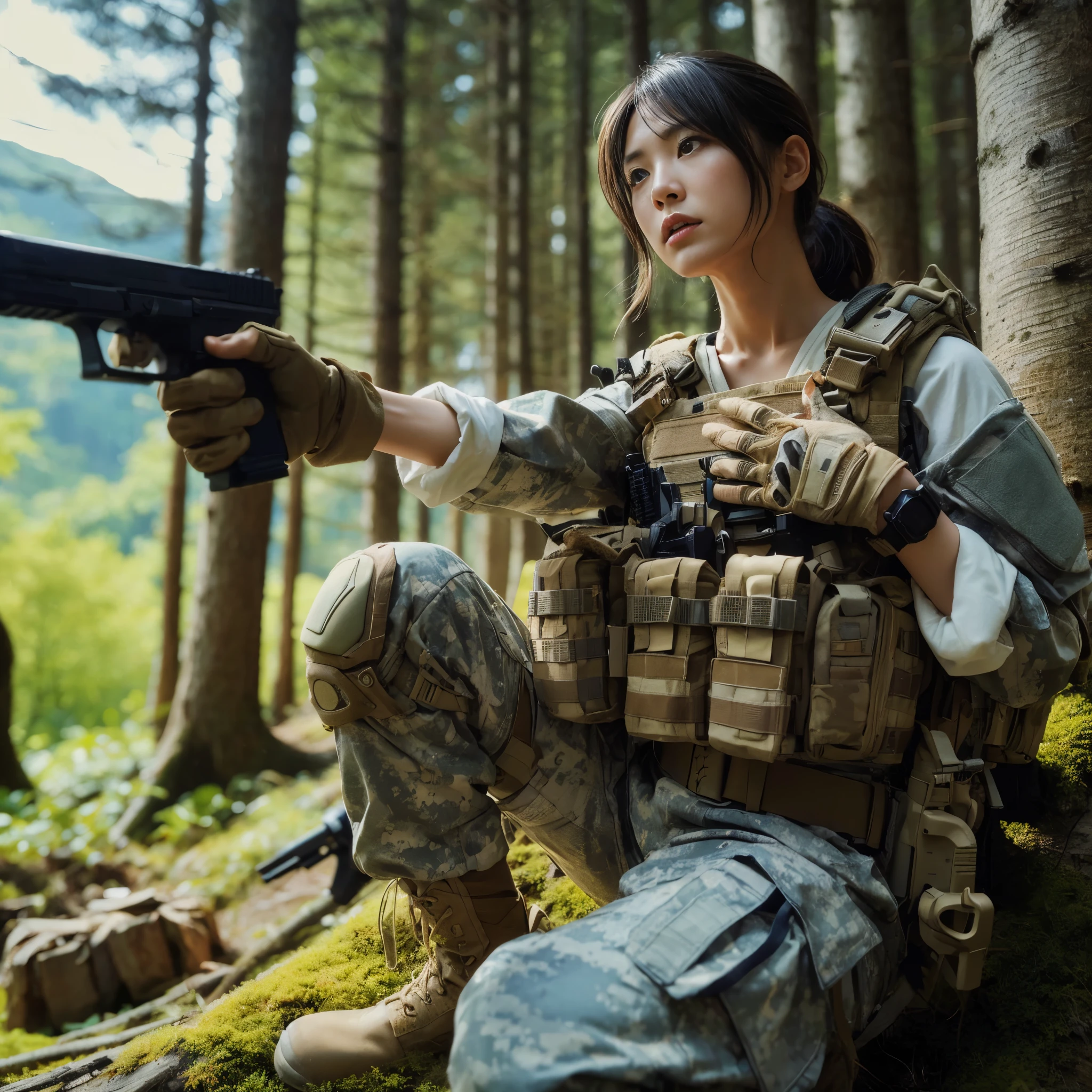 A highly detailed, realistic photograph of a Japanese female special forces soldier in the American military, wearing accurate and detailed tactical gear, crouched in a coniferous forest during a firefight, returning fire with a determined expression, wearing a bulletproof vest and other tactical equipment such as a watch, in a mountainous American landscape setting.