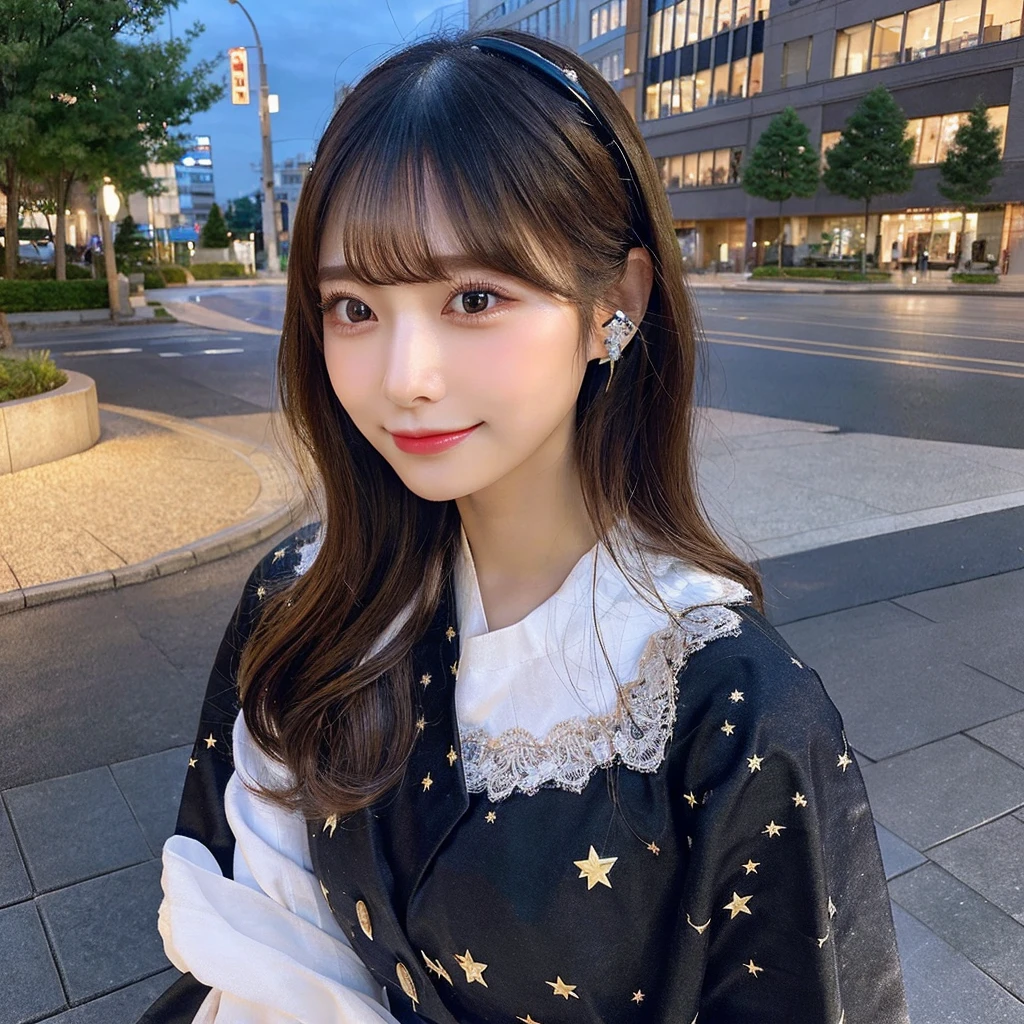 （NSFW）,（under the beautiful starry sky）、masterpiece、（Belly-baring fashion、headphone）、（Super big breasts、valley）、（Double eyelids、Tear bags、Long eyelashes、Big, round eyes）,bangs、Beautiful 20 year old woman、a japanese beautihul girl、kolian makeup,（black long hair）,highest quality, figure, Very detailed,Natural color lip, A shy smile、Correct posture