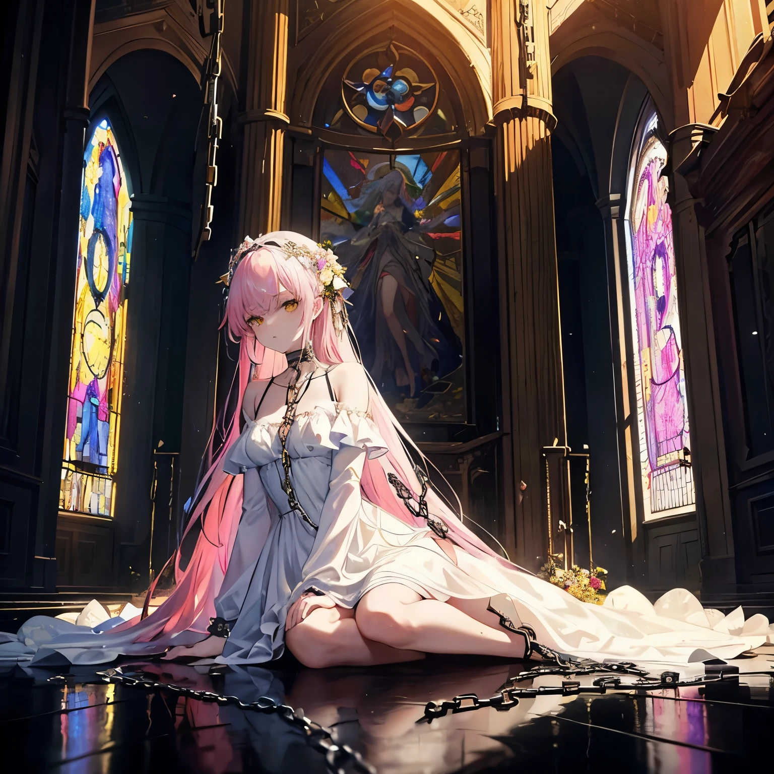 (wilted flowers), ((masterpiece)) ((highest quality)), official art, beautiful and aesthetic: 1.2), (1 woman), very detailed, colorful, long white-pink hair, yellow eyes. Asymmetrical dress. Dark Cathedral. stained glass art. ((Chained to the room)) ((Wearing chains)) Sitting on her knees.